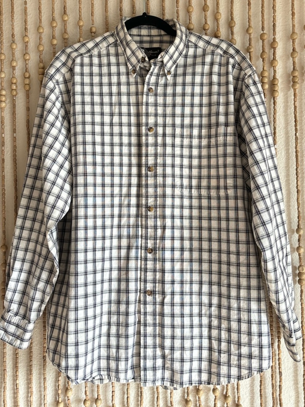 Eddie Bauer Casual White Navy Plaid Button-Down Cotton Long Sleeve Outdoor Shirt